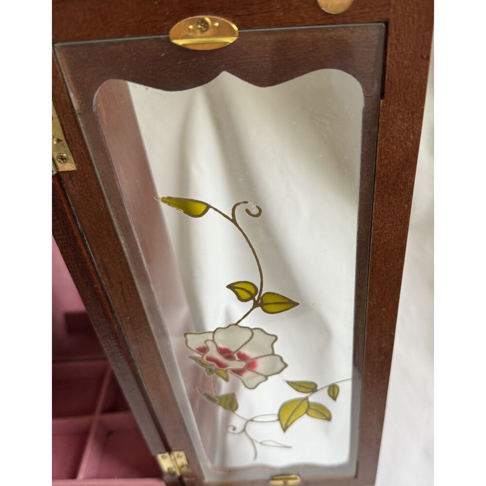 Large Vintage Wooden Jewelry Box Trinket Organizer Storage hand painted flowers - Picture 2 of 15